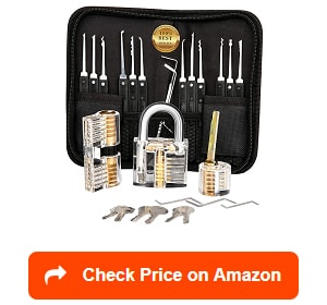 BSTPL01 17-Pieces Stainless Steel Lock Pick Set with 2 Transparent Training Padlock Lock Picking Tool Kit by Bestargot Practice Guide for Beginner and Pro Locksmiths 